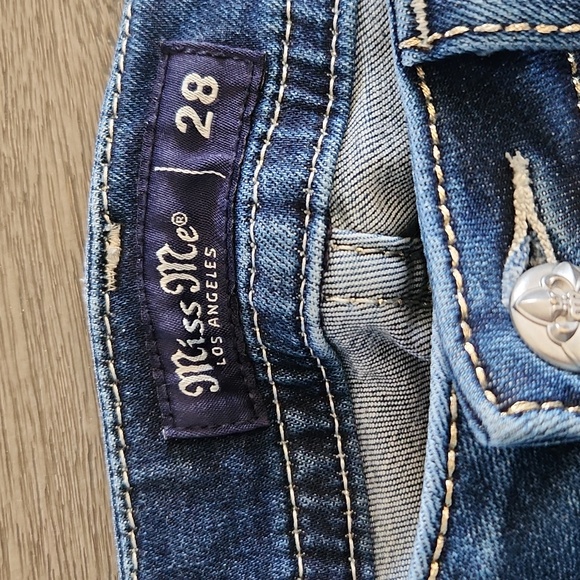 Miss Me Dark Blue Boot Cut Jeans Blingy Rhinestone Pockets - Picture 6 of 7